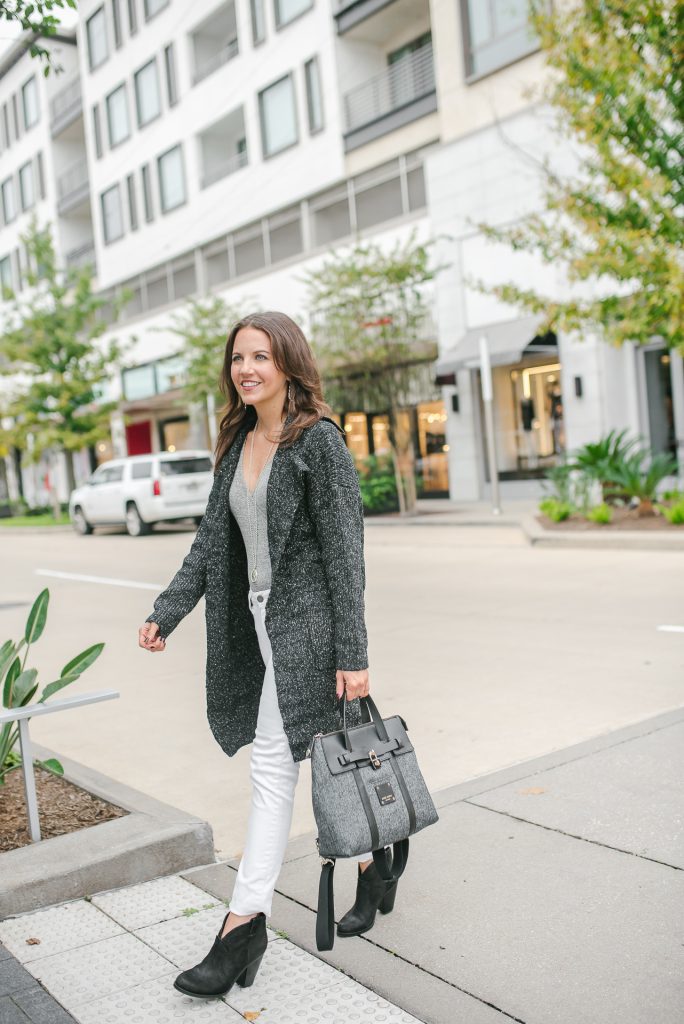 Casual fall outfit | gray cardigan | black booties | Top Houston Fashion Blogger Lady in Violet