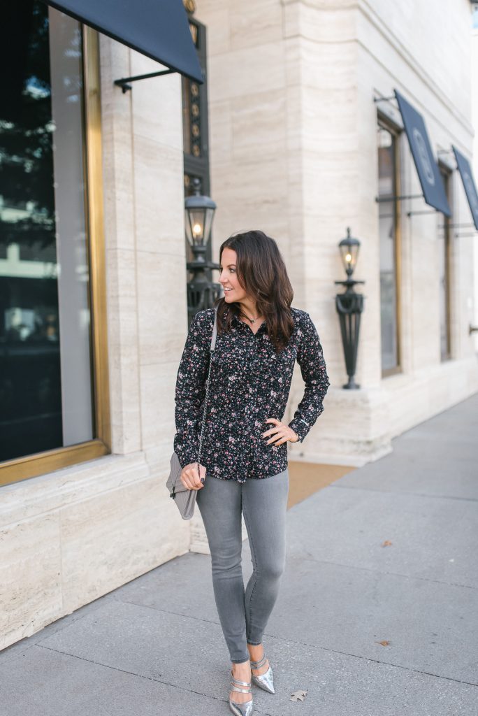casual fall outfit | petite blogger | dark floral top | Houston Fashion Blogger Lady in Violet