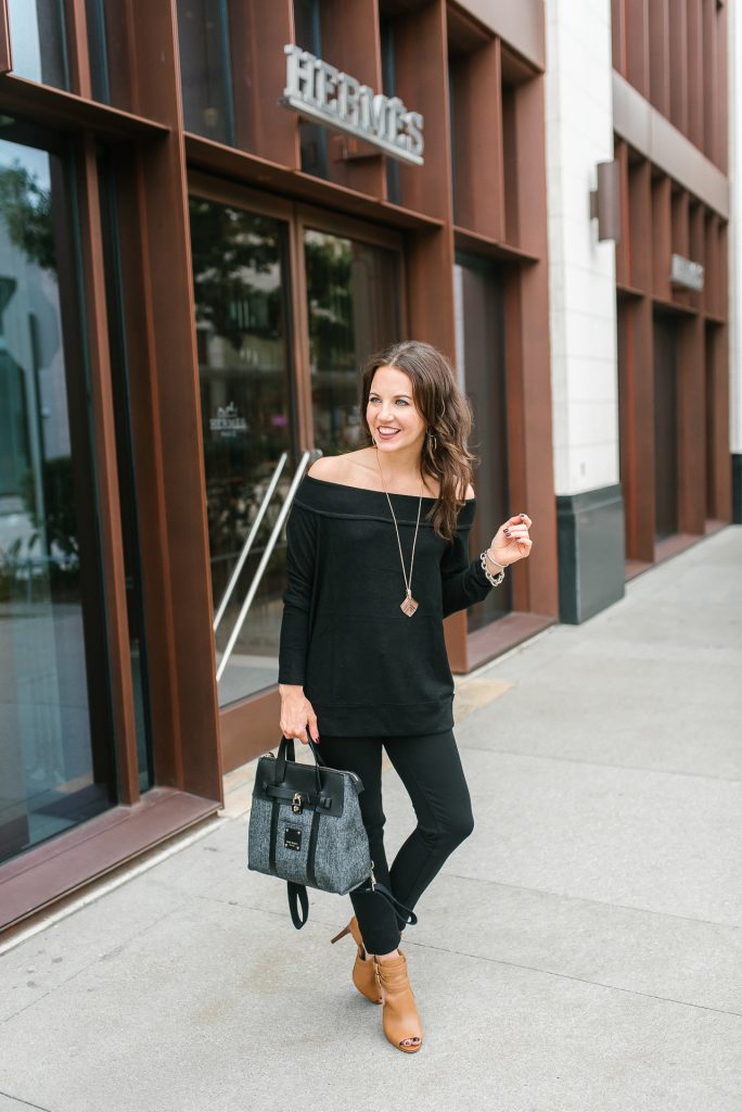 Casual outfit | black off the shoulder sweater | brown booties | Petite Fashion Blogger Lady in Violet