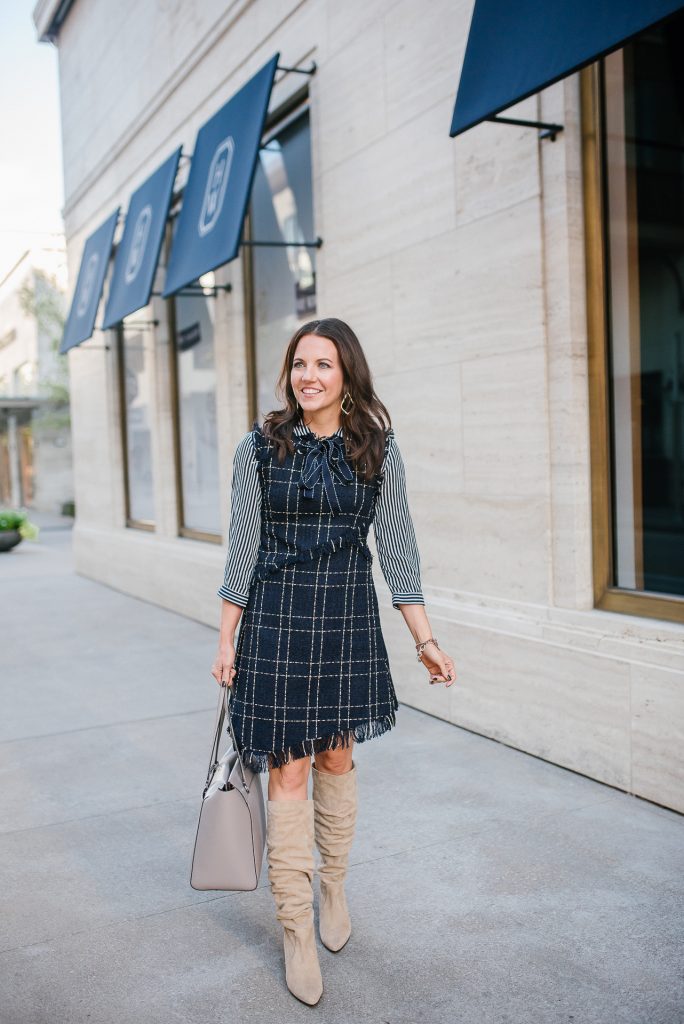 Gossip girl inspired outfit | workwear | navy tweed dress | Petite Fashion Blogger Lady in Violet