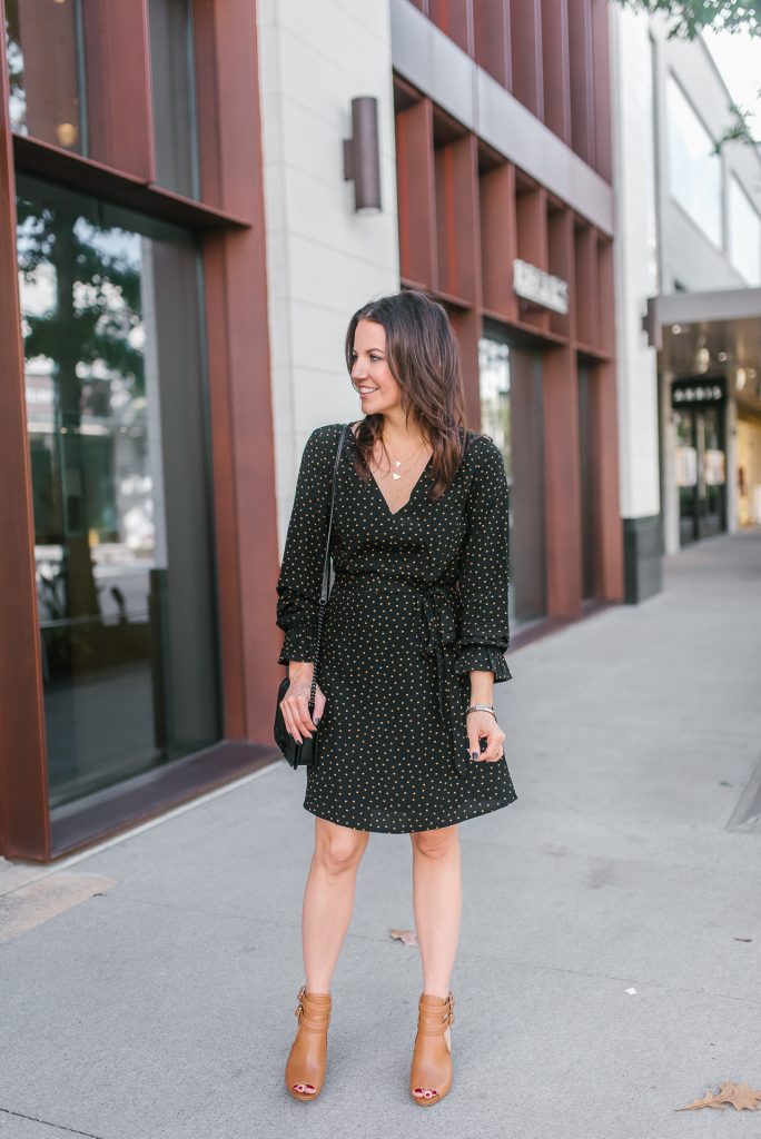 workwear | fall tiny dots dress | peep toe booties | Popular Houston Fashion Blogger Lady in Violet