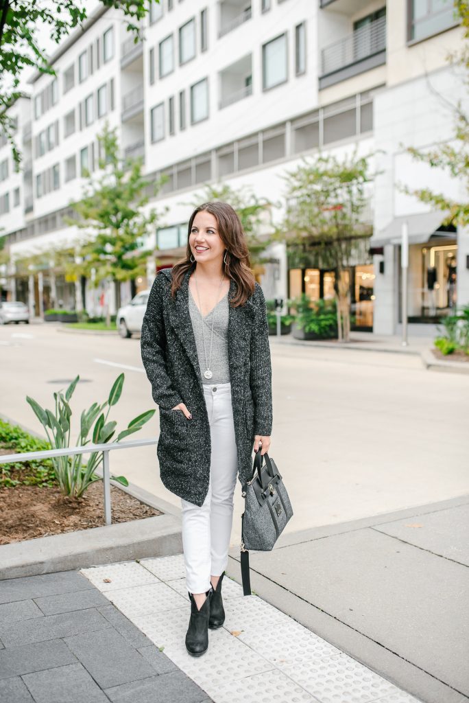 casual winter outfit | dark gray cardigan | white skinny jeans | Petite Fashion Blogger Lady in Violet