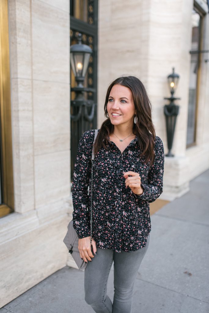 Fall outfit | dark floral button down top | silver jewelry | Houston Fashion Blogger Lady in Violet