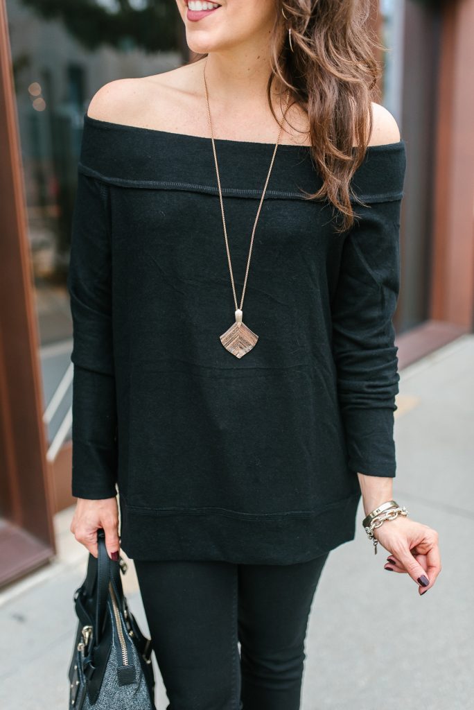 fall outfit | rose gold necklace | black off the shoulder sweater | Houston Fashion Blogger Lady in Violet