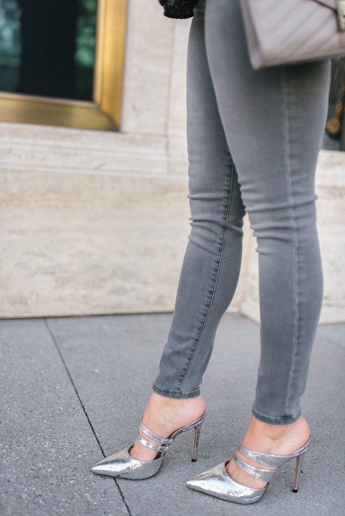 dressing up jeans | silver metallic heels | petite fashion blogger Lady in Violet