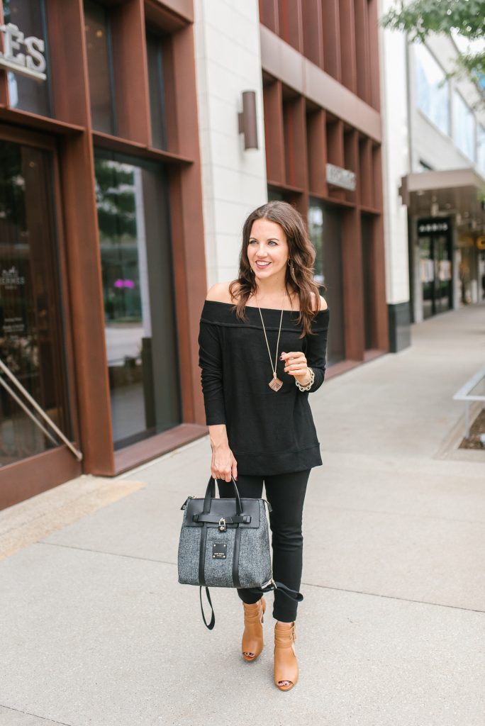 fall outfit | black off the shoudler sweater | henri bendel jetsetter bag | Popular Houston Fashion Blogger Lady in Violet