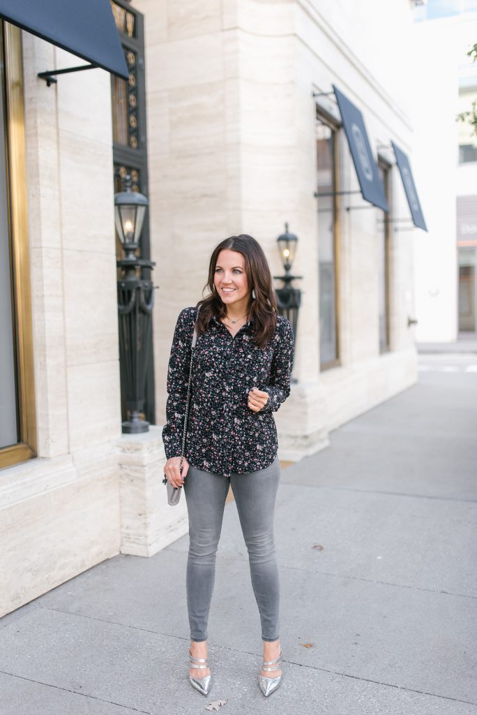 fall outfit | dark floral top | gray jeans | metallic heels | Houston Fashion Blogger Lady in Violet