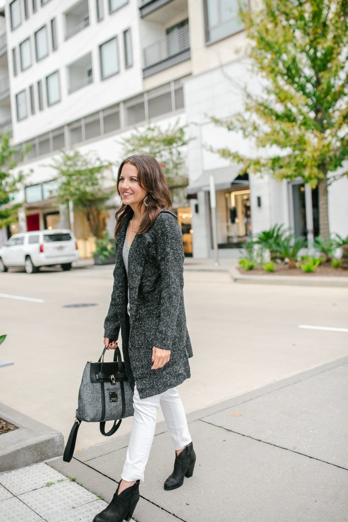 winter outfit | street style | gray cardigan | Petite Fashion Blogger Lady in Violet