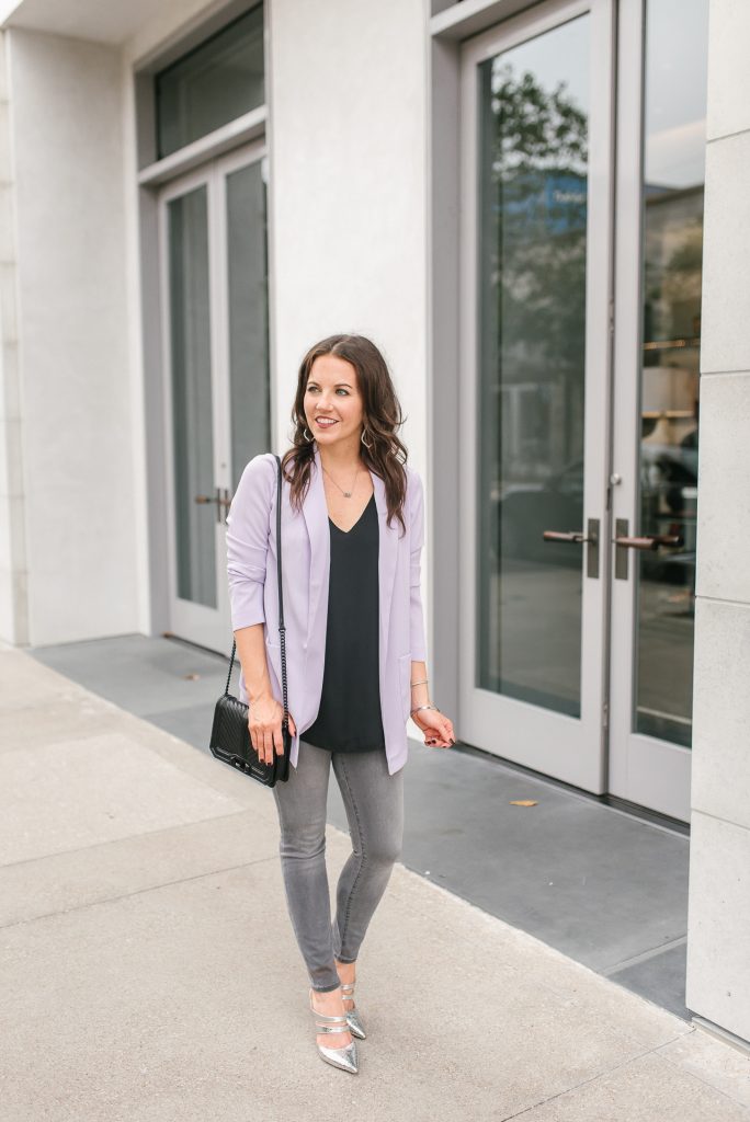 fall outfit | lavender blazer | gray jeans | Top Houston Fashion Blogger Lady in Violet