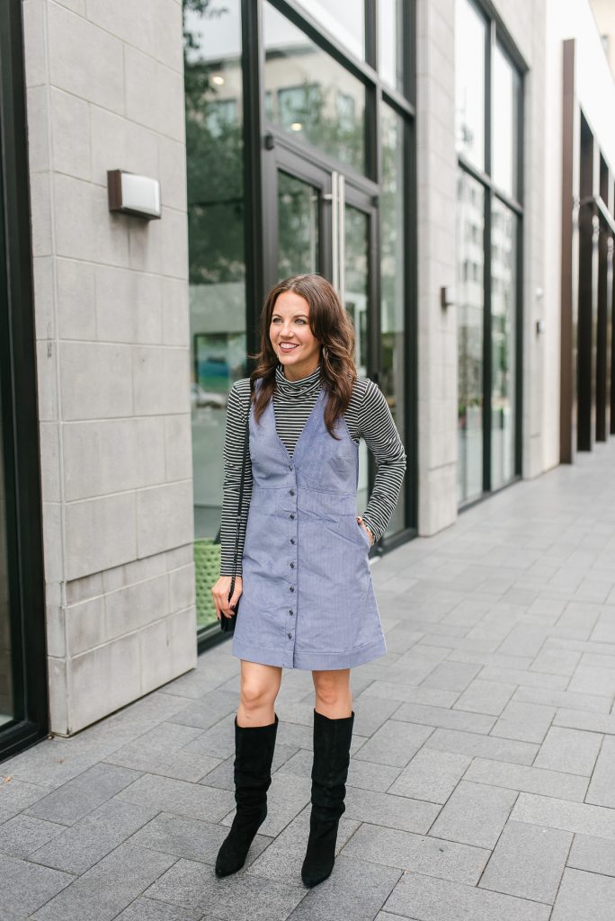 fall outfit | purple corduroy jumper dress | black suede boots | Popular Houston Fashion Blogger Lady in Violet