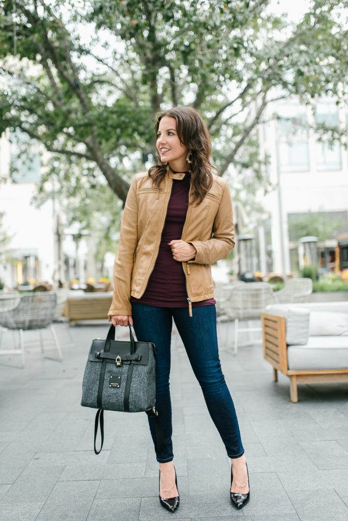 winter outfit | brown leather jacket | perfect layering top | Houston Fashion Blogger Lady in Violet