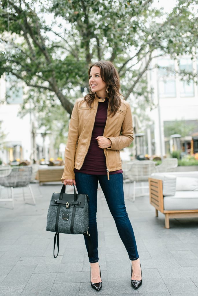 Light Brown Leather Jacket Lady in Violet Petite Fashion Blogger Lady in Violet