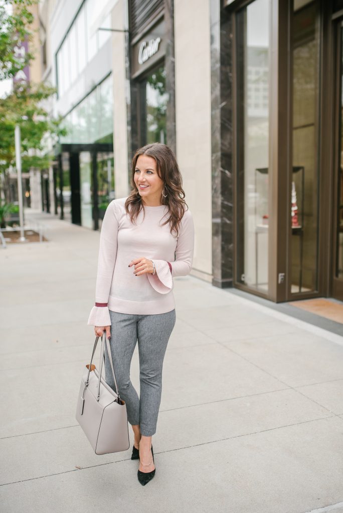 pink top grey pants