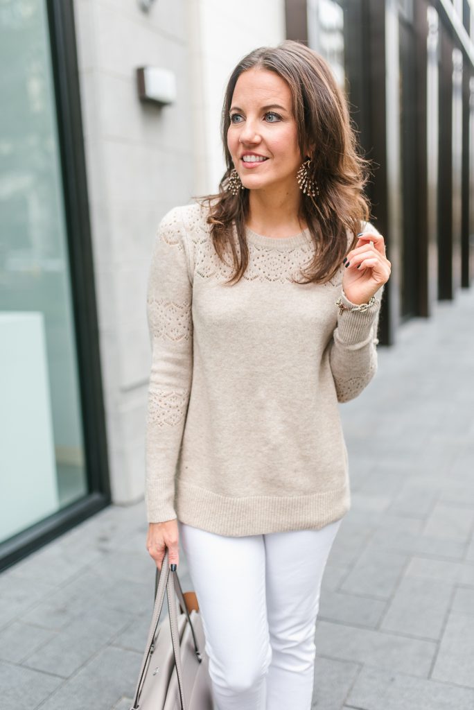 fall outfit | beige sweater | white jeans | Top Houston Fashion Blogger Lady in Violet