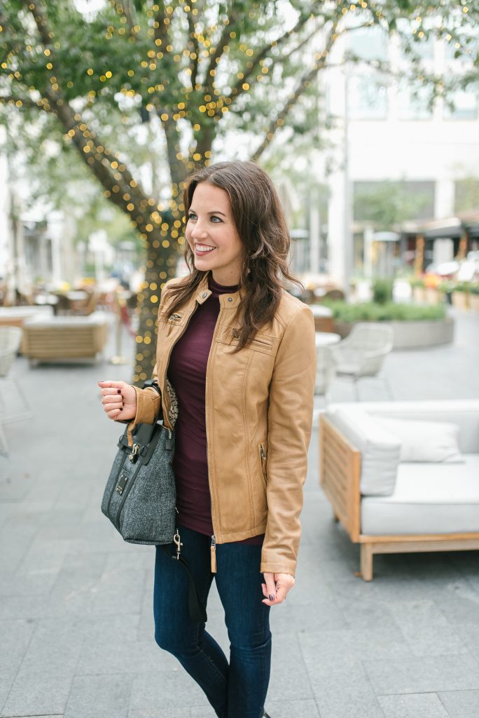 fall outfit | brown leather jacket | burgundy turtleneck top | Popular Houston Fashion Blogger Lady in Violet
