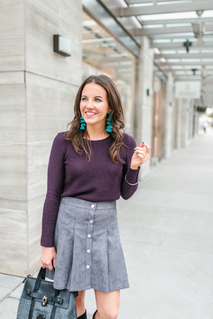 winter outfit | purple textured sweater | gray suede skirt | Popular Petite Fashion Blogger Lady in Violet