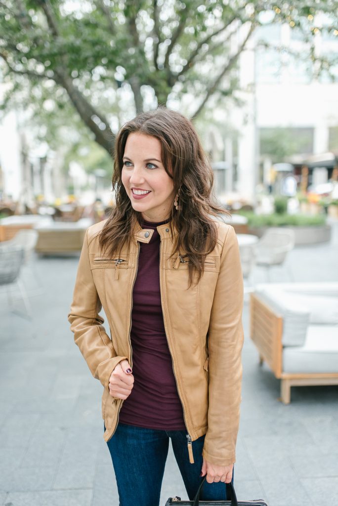 Light Brown Leather Jacket Lady in Violet Petite Fashion