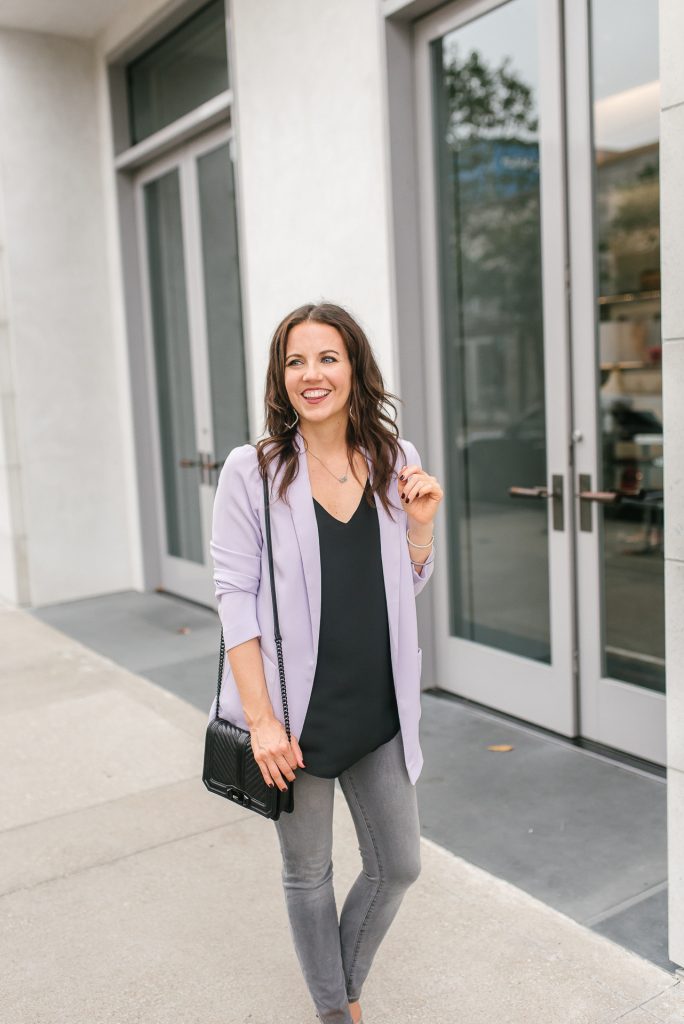 casual outfit | light purple blazer | gray jeans | Popular Houston Fashion Blogger Lady in Violet