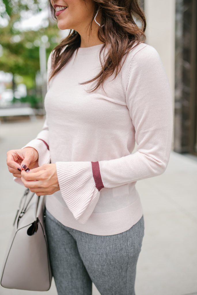 Casual weekend outfit: Grey lace hem sweater, distressed denim and pink tote  - Stylish Petite