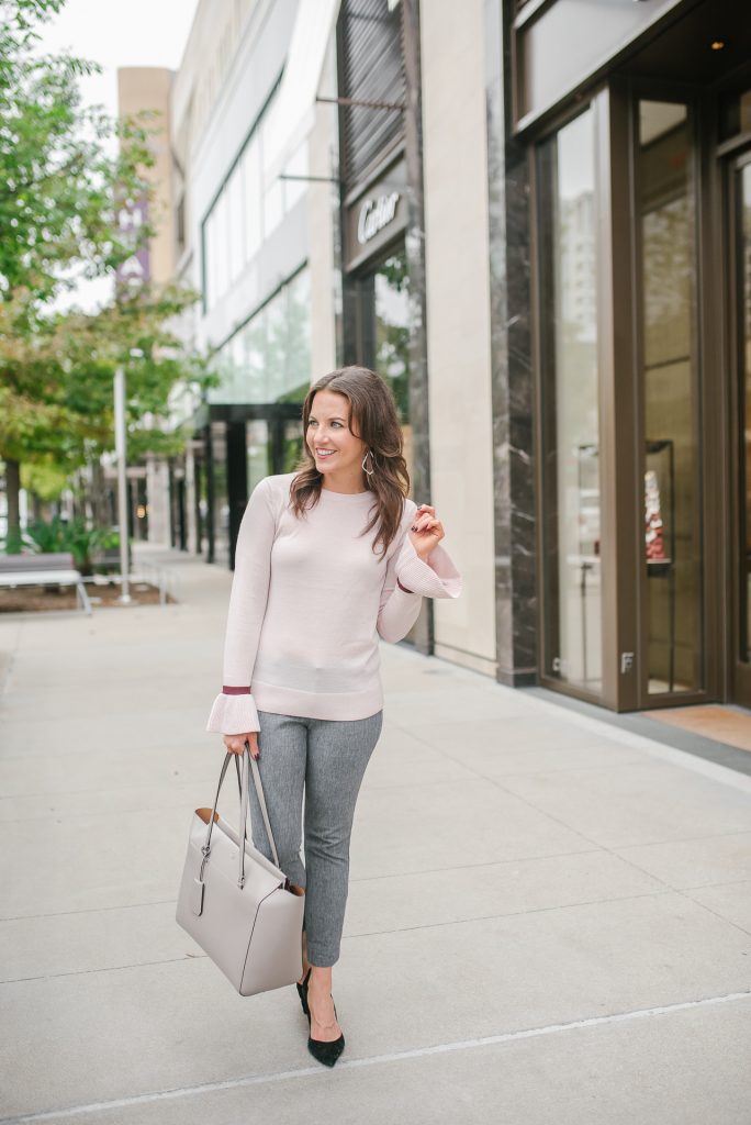 Casual weekend outfit: Grey lace hem sweater, distressed denim and pink tote  - Stylish Petite