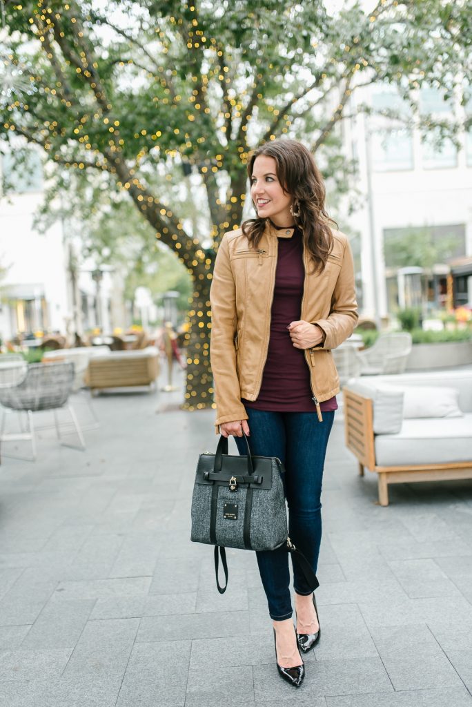 winter outfit | light brown leather jacket | dark blue skinny jeans | Petite Fashion Blogger Lady in Violet