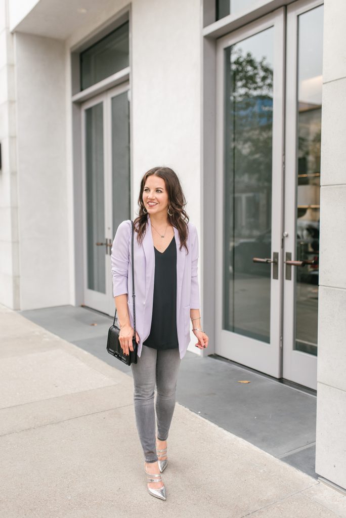 winter outfit | purple blazer | silver metallic heels | Popular Petite Fashion Blogger Lady in Violet