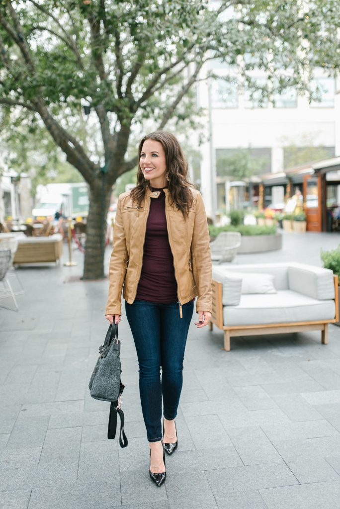 casual fall outfit | light brown leather jacket | burgundy funnel neck top | Top Houston Fashion Blogger Lady in Violet