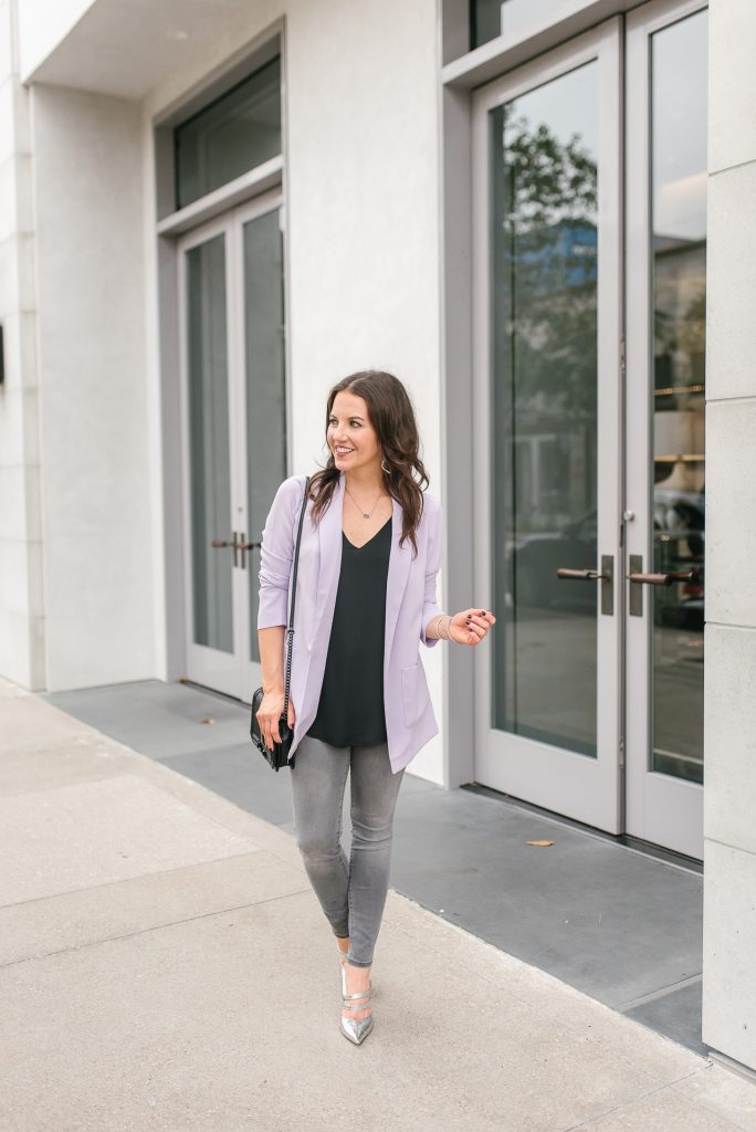 Casual fall outfit | purple long blazer | gray jeans | Top Houston Fashion Blogger Lady in Violet