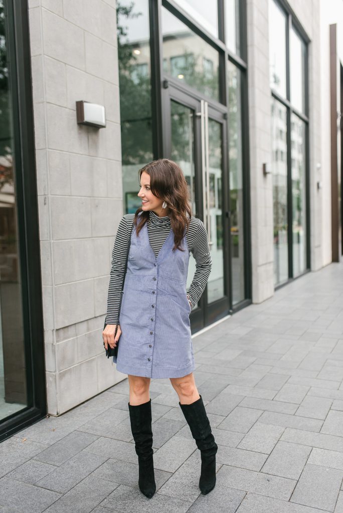 Fall outfit | corduroy jumper dress | suede boots | Top Houston Fashion Blogger Lady in Violet