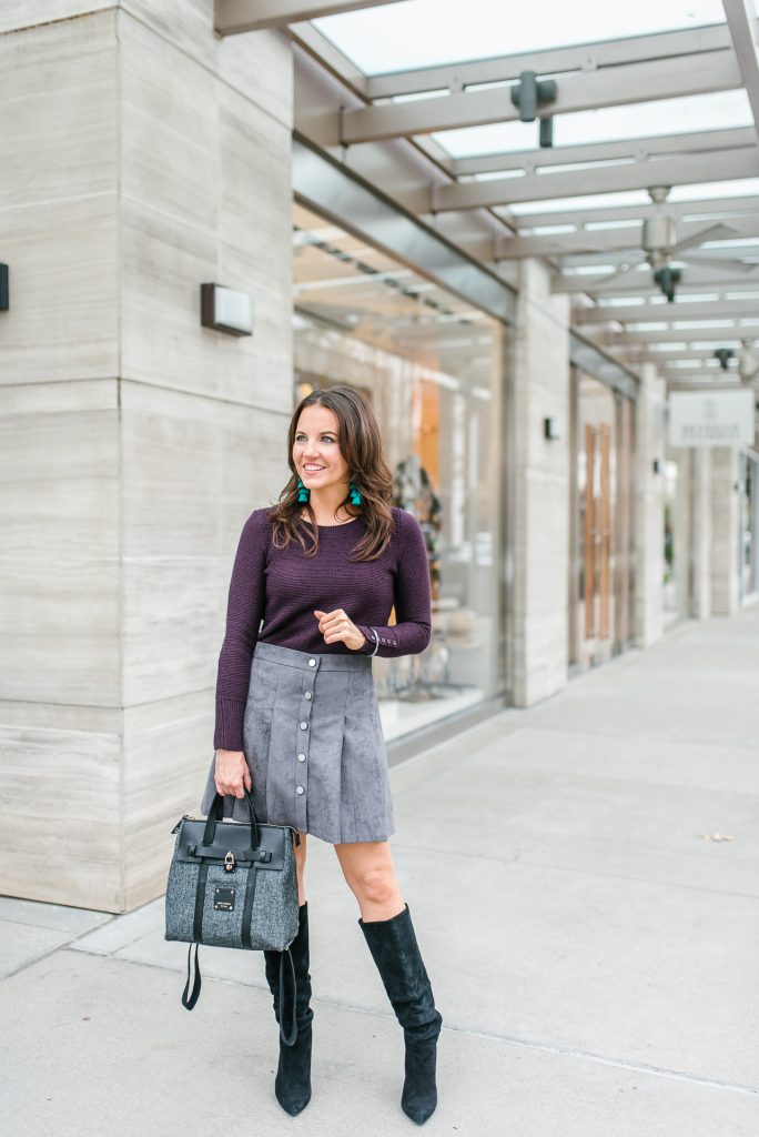 winter outfit | purple sweater | gray suede skirt | Popular Petite Fashion Blogger Lady in Violet