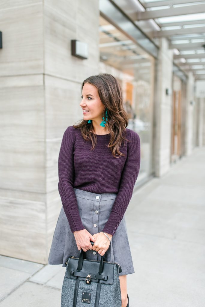 casual fall outfit | purple sweater | gray suede skirt | Top Houston Fashion Blogger Lady in Violet