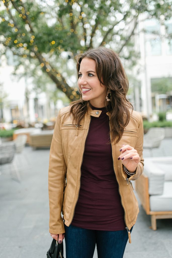 casual winter outfit | tan leather jacket | burgundy top | Popular Houston Fashion Blogger Lady in Violet