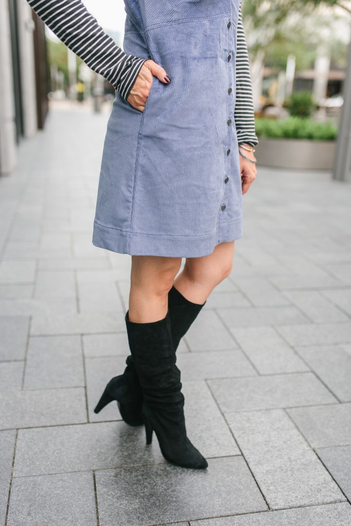 fall outfit | corduroy dress | black suede boots | Popular Petite Fashion Blogger Lady in Violet