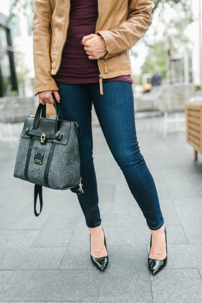 casual fall outfit | dark blue skinny jeans | black backpack purse | Popular Petite Fashion Blogger Lady in Violet