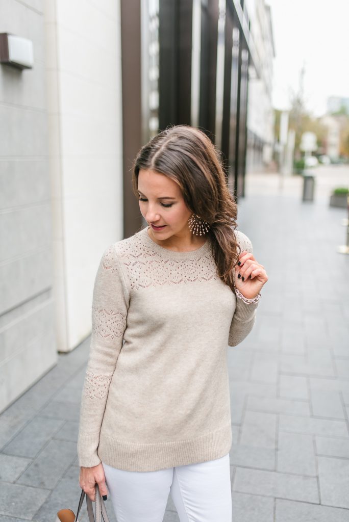 casual outfit | loft beige sweater | kendra scott fabia earrings | Houston Fashion Blogger Lady in Violet