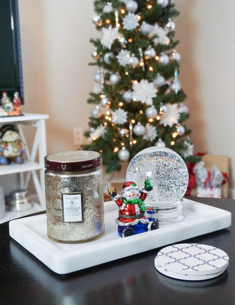 simple ways to decorate apartment for Christmas | holiday candle silver snowglobe | Houston Fashion Blogger Lady in Violet