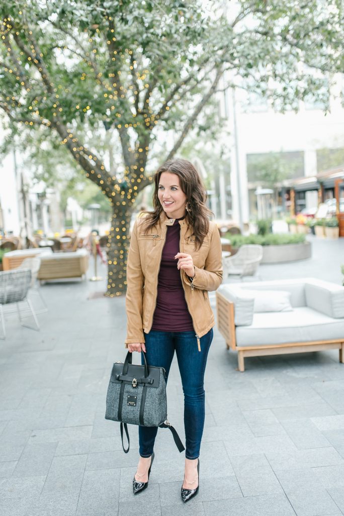 casual outfit | light brown leather jacket | dark blue skinny jeans | Petite Fashion Blogger Lady in Violet