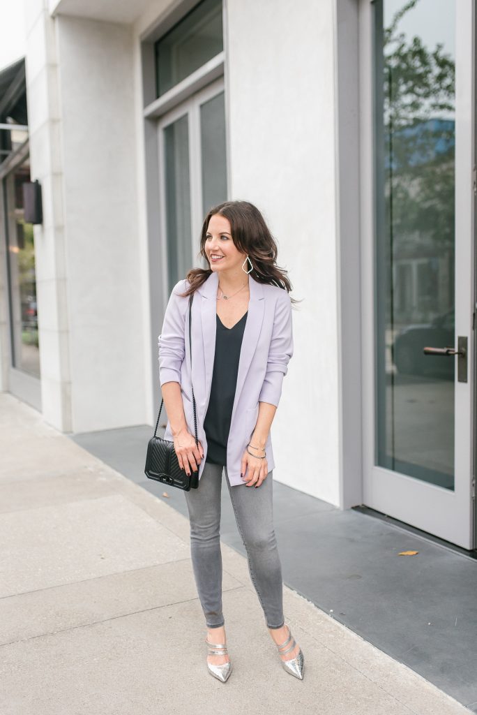 casual outfit | purple blazer | gray skinny jeans | Popular Houston Fashion Blogger Lady in Violet