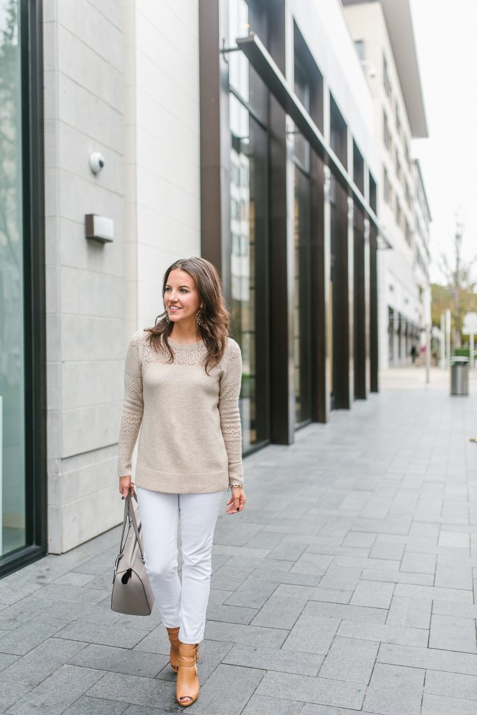 casual winter outfit | beige sweater | white skinny jeans | Petite Fashion Blogger Lady in Violet