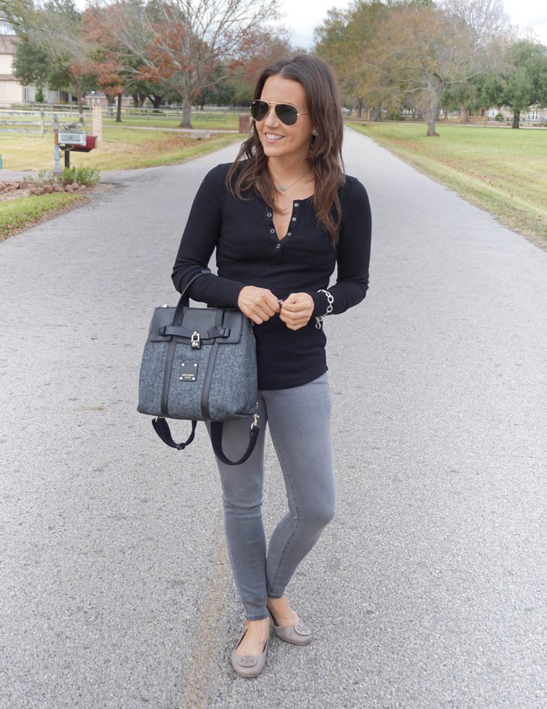 casual winter outfit | black thermal top | gray skinny jeans | Houston Fashion Blogger Lady in Violet