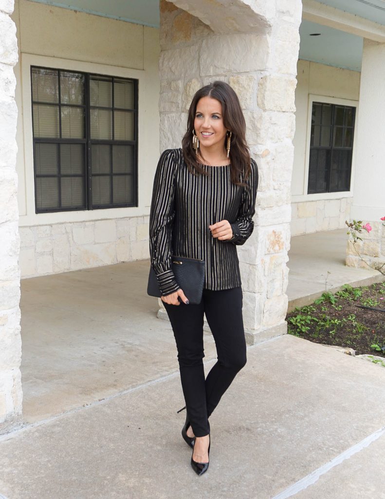 galentine's day outfit | metallic striped top | black jeans | Houston Fashion Blogger Lady in Violet