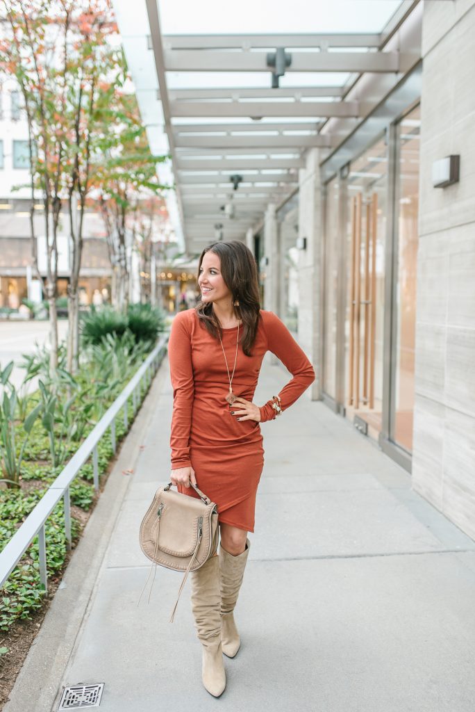 winter date night outfit | orange fitted dress | tall suede boots | Popular Petite Fashion Blogger Lady in Violet