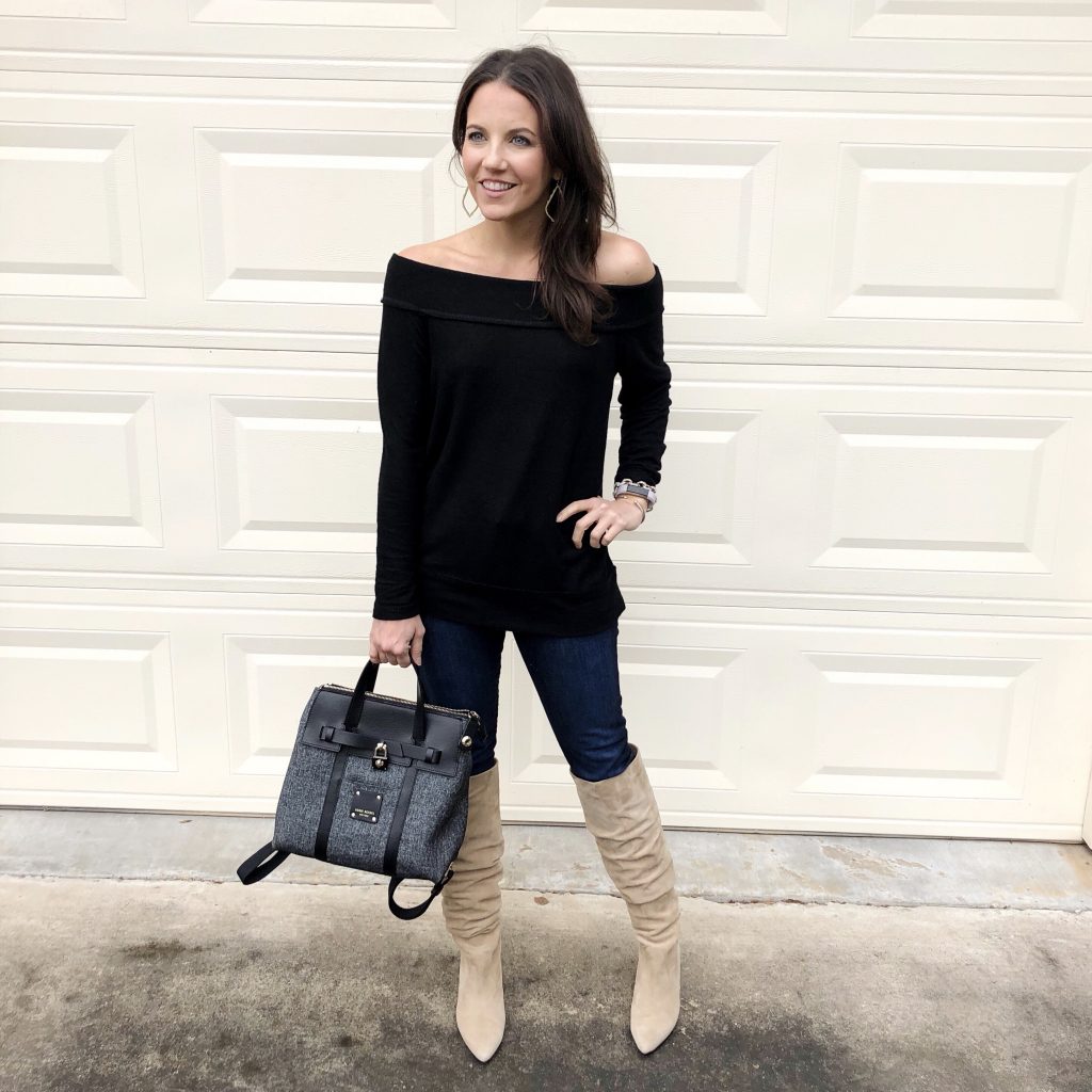 winter outfit | black off the shoulder sweater | taupe suede boots | Petite Fashion Blogger Lady in Violet