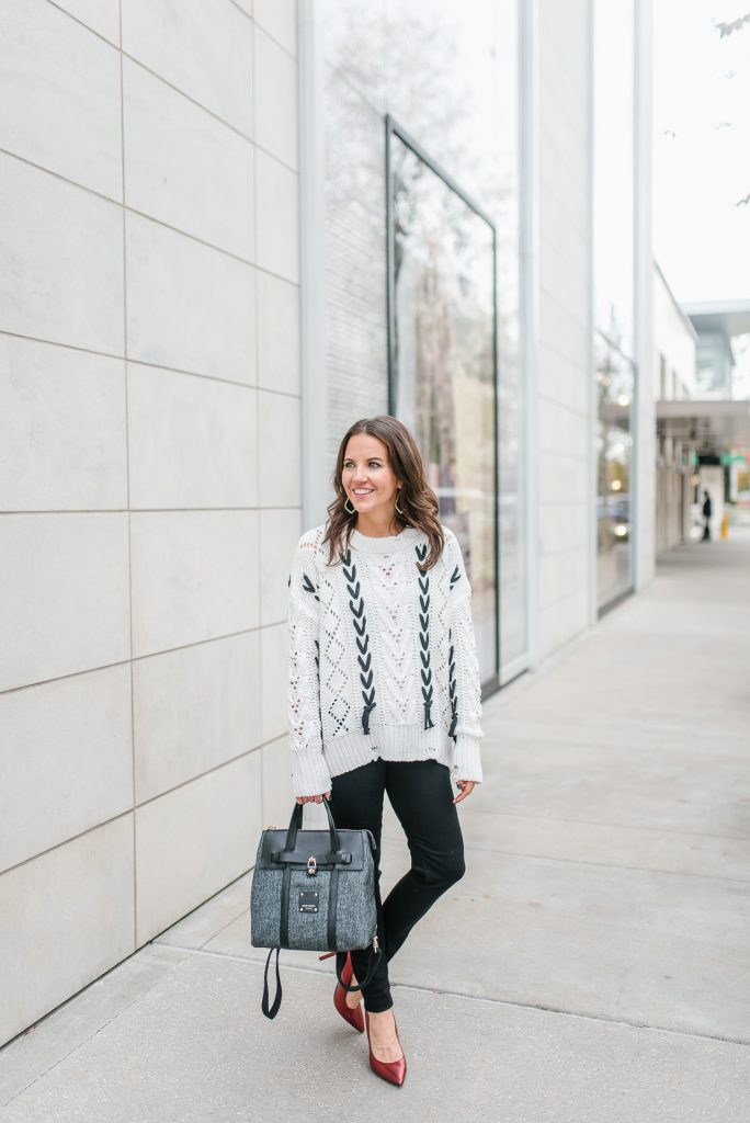 winter outfit | white open knit sweater | red metallic heels | Houston Fashion Blogger Lady in Violet