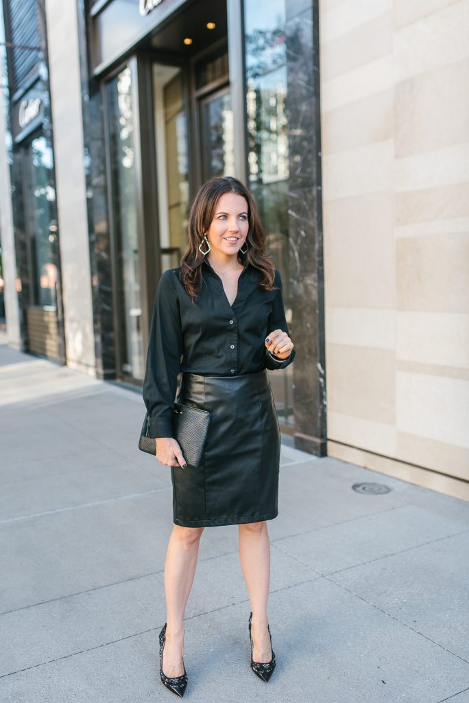 work outfit | black leather skirt | black button up blouse | Popular Houston Fashion Blogger Lady in Violet