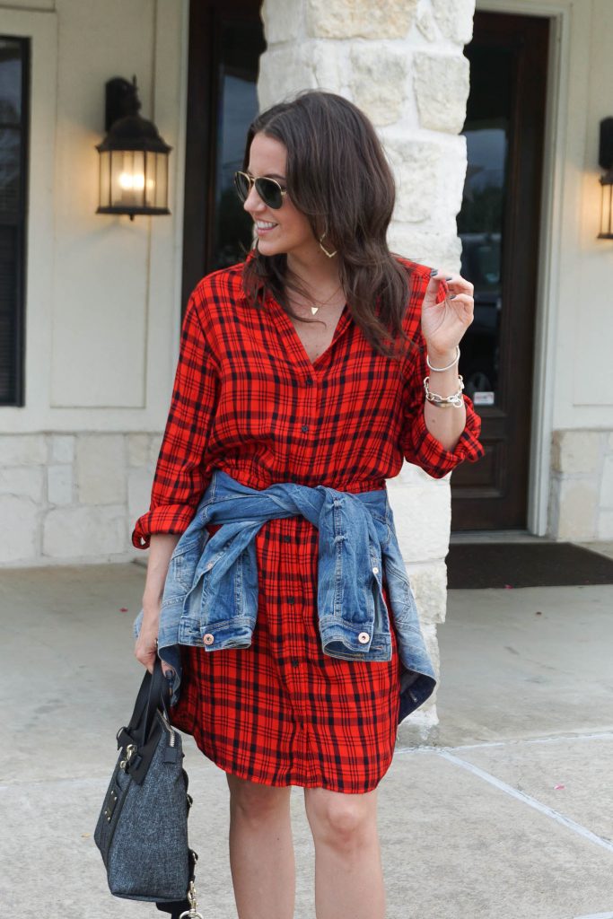 casual spring outfit | buffalo plaid dress | denim jacket | Popular Petite Fashion Blogger Lady in Violet