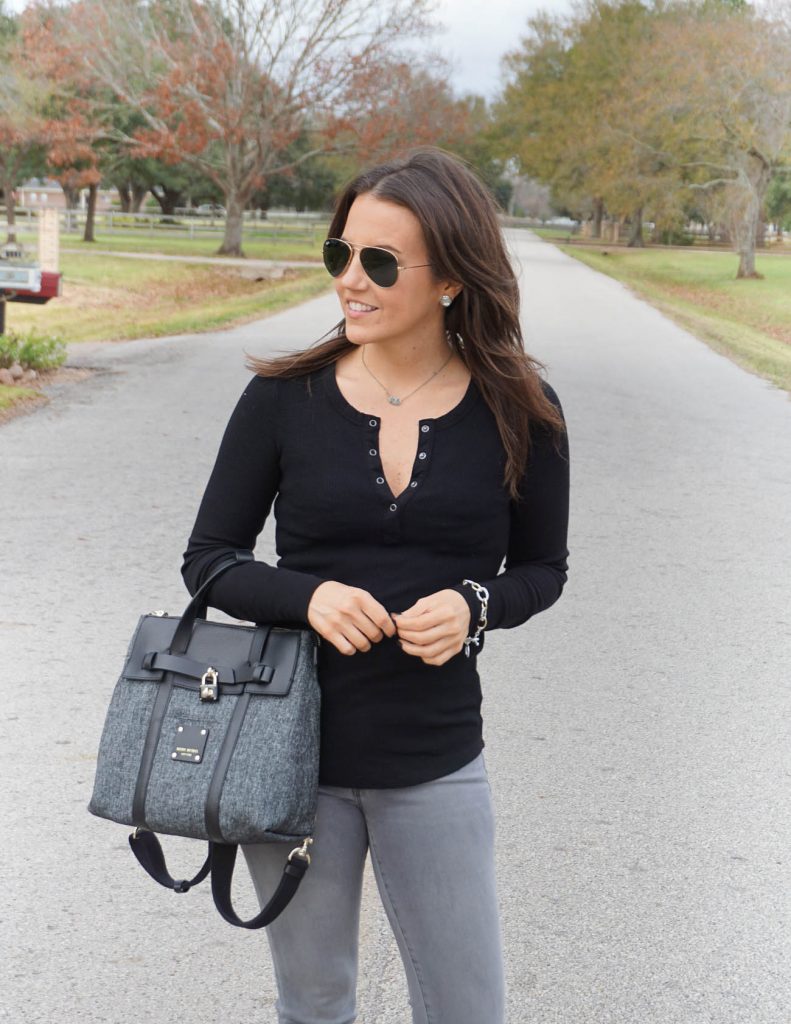 Casual winter basics | black thermal tee | backpack purse | Petite Fashion Blogger Lady in Violet