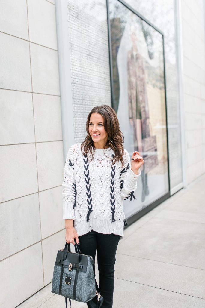 Grey and white outlet sweater outfit