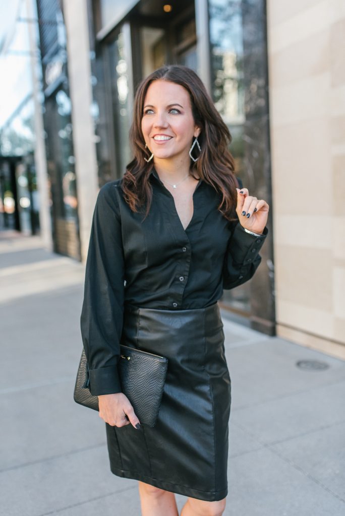 fall workwear | black button up blouse | faux leather pencil skirt | Popular Houston Fashion Blogger Karen Kocich