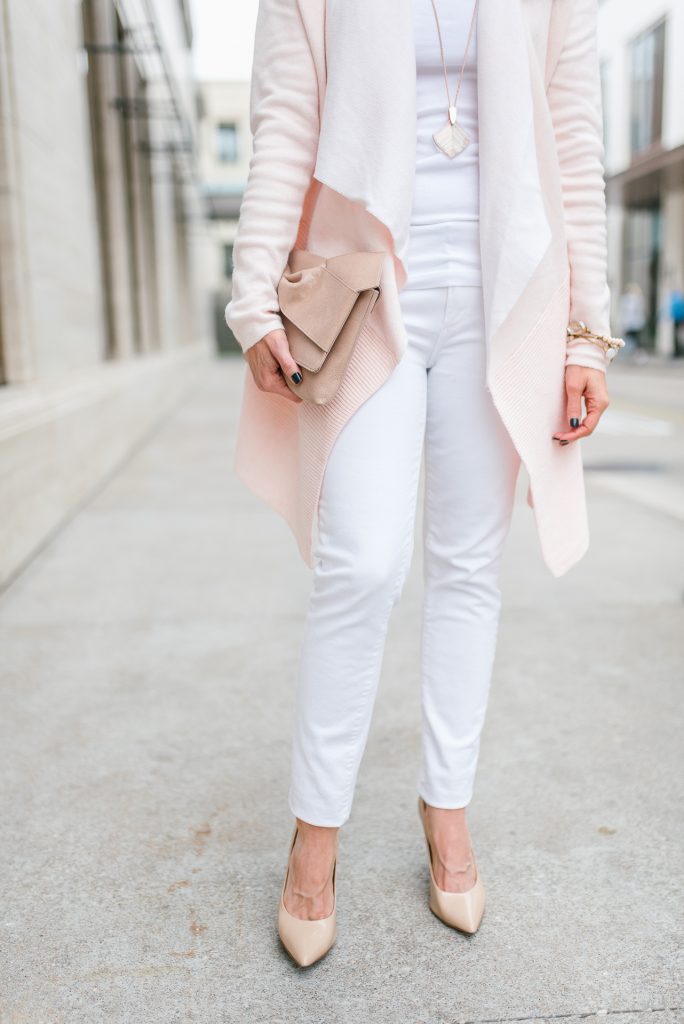 casual winter outfit | white skinny jeans | nude heels | Popular Petite Fashion Blogger Lady in Violet